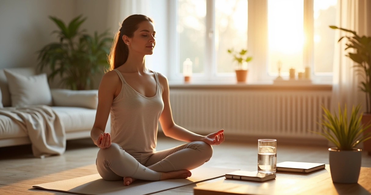 Pessoa meditando em sala iluminada com objetos de rotina saudável ao redor 