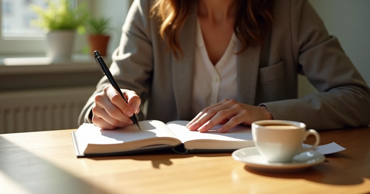 Pessoa escrevendo em um diário com xícara de café ao lado, luz suave ao redor 