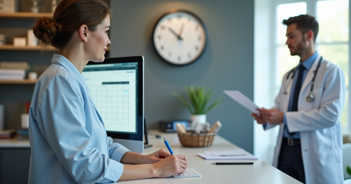 Secretária marcando compromissos em agenda digital 