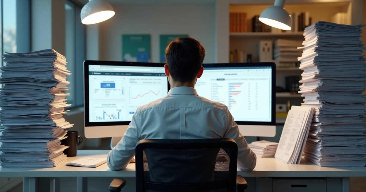 Profissional de contabilidade digitando dados em computador com pilhas de papéis ao redor 