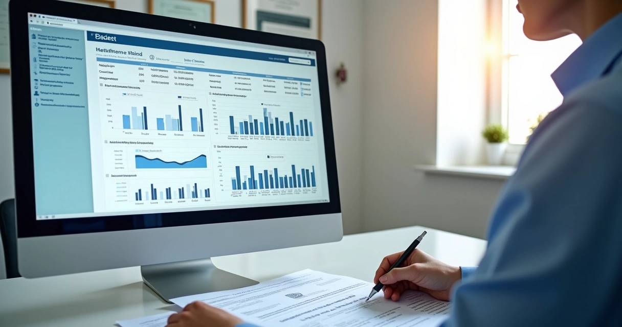 Contador analisando relatórios financeiros em clínica de saúde 