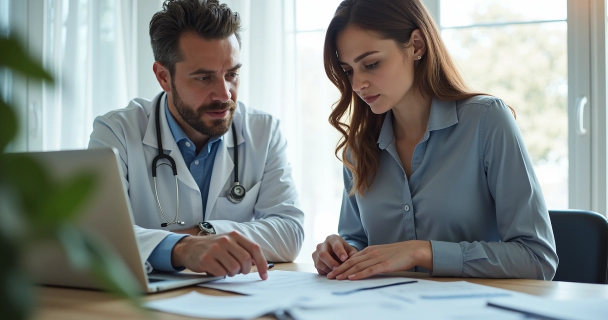 Profissional de saúde em sala moderna usando notebook ao lado de cliente 