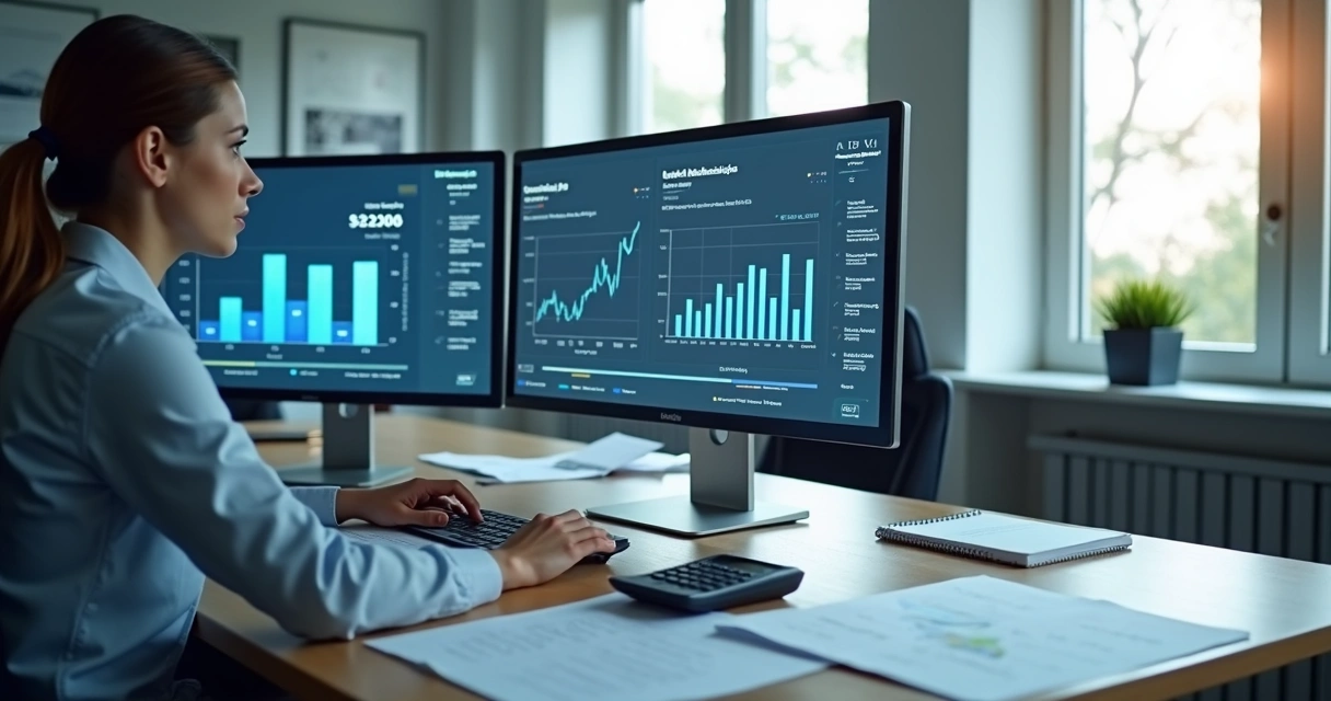 Profissional contábil analisando painéis e documentos digitais no escritório 