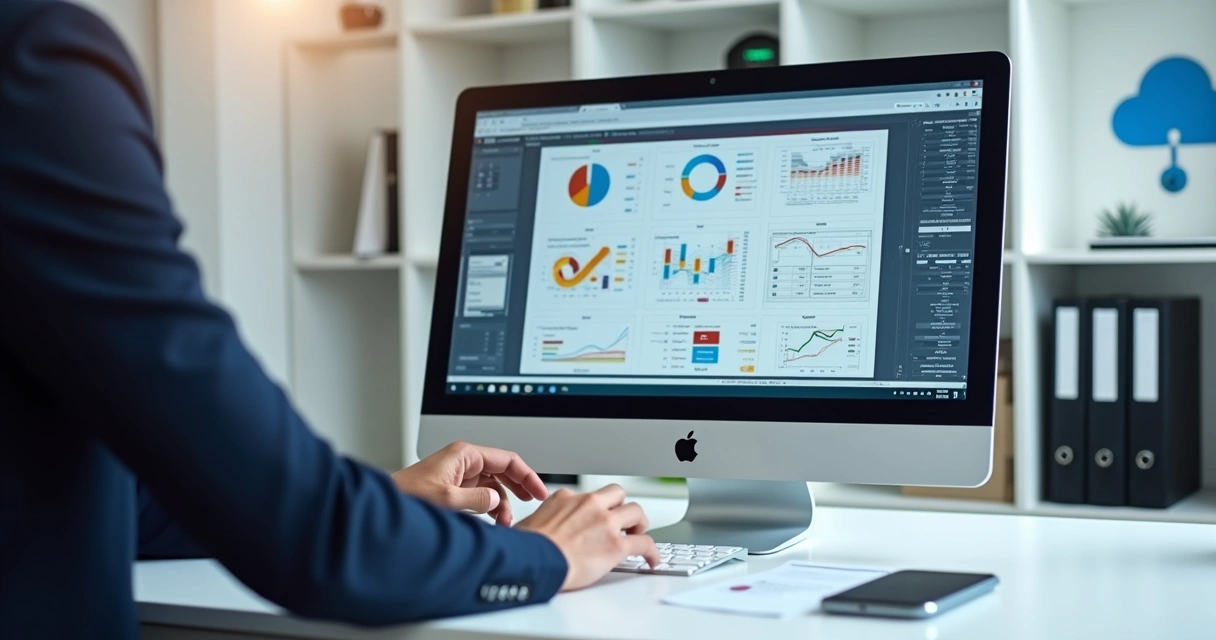Profissional de contabilidade trabalha em computador com gráficos digitais na tela 