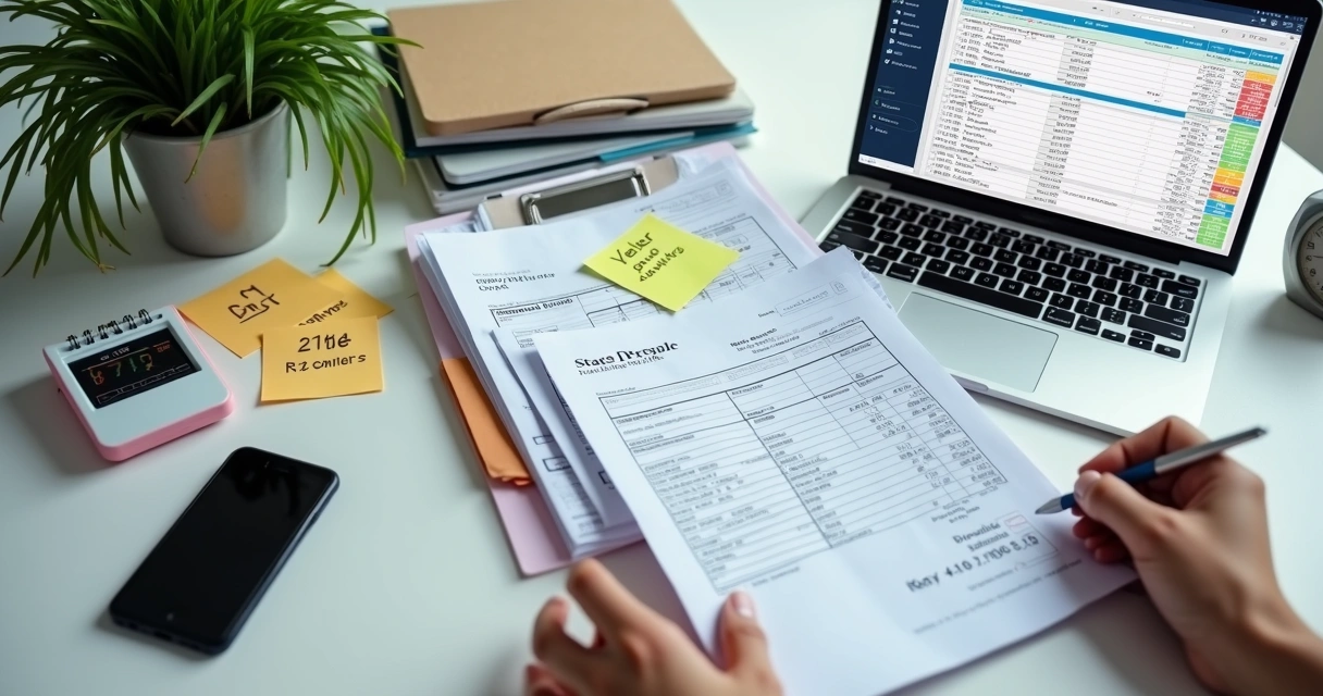 Planilha aberta no notebook ao lado de notas fiscais organizadas 