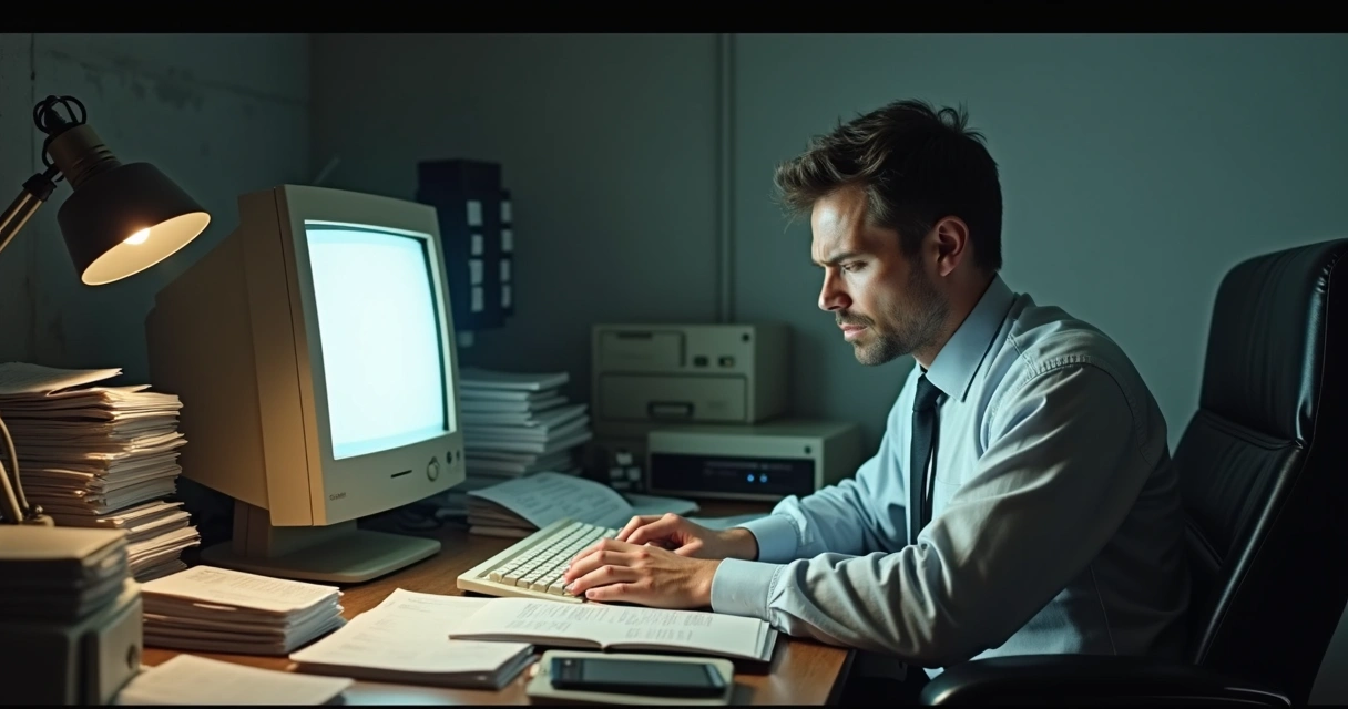Contador diante de pilhas de papéis e computador antigo em escritório financeiro 