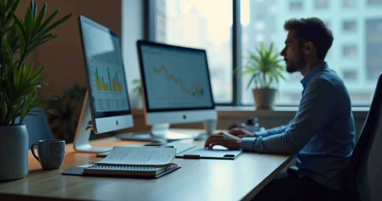 Rotina de um escritório contábil com ferramentas digitais ao fundo 