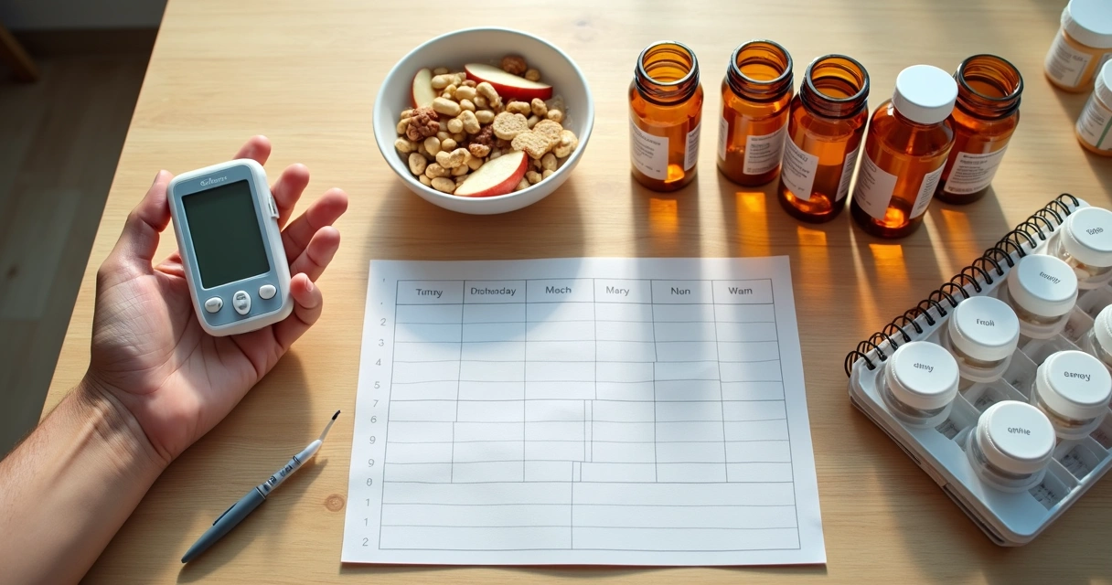 Mesa com rotina de controle do diabetes e medicamentos personalizados 