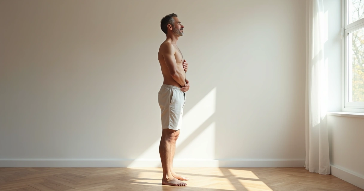 Homem de meia-idade executando exercício corporal em ambiente discreto com fundo limpo, aplicando rotina de percepção corporal 