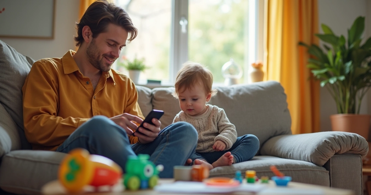 Pai ou mãe usando celular e cuidando de criança pequena na sala 
