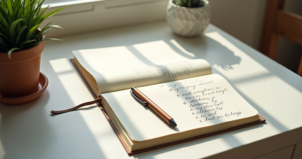 Caderno aberto com anotações e caneta sobre uma mesa, ao lado de uma planta, representando reflexão diário 