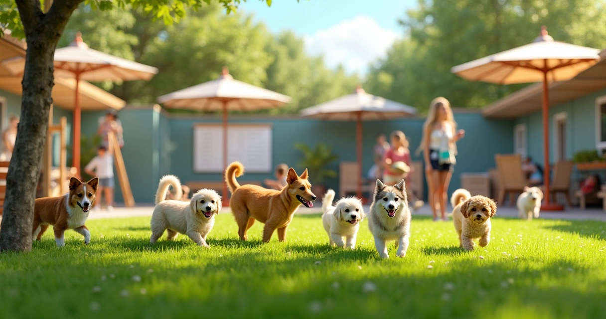Cães brincando juntos em área verde de creche para pets 