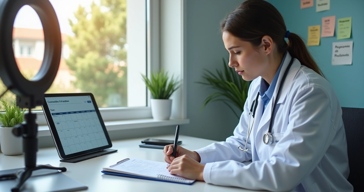 Rotina de médico criando conteúdo digital em clínica 