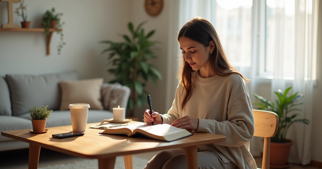 Mulher cristã solteira fazendo devocional com Bíblia e café pela manhã 