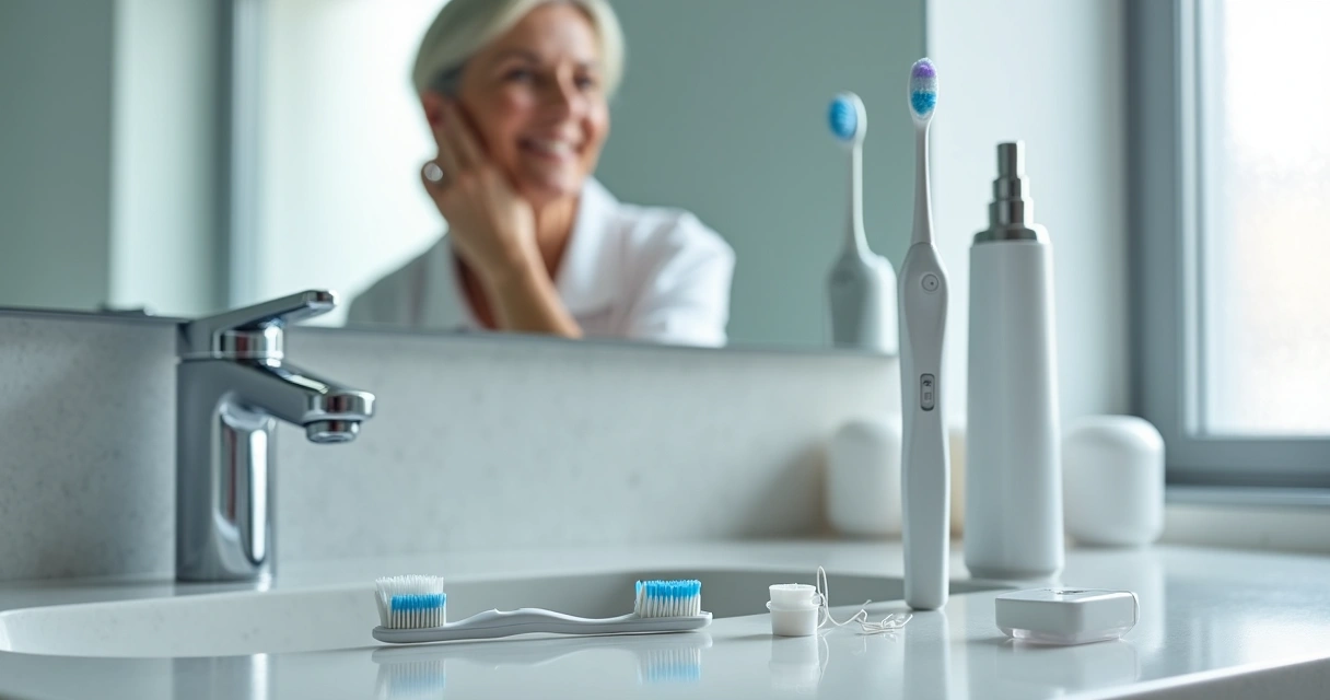 Mesa de banheiro organizada com itens para higiene de implante dentário 