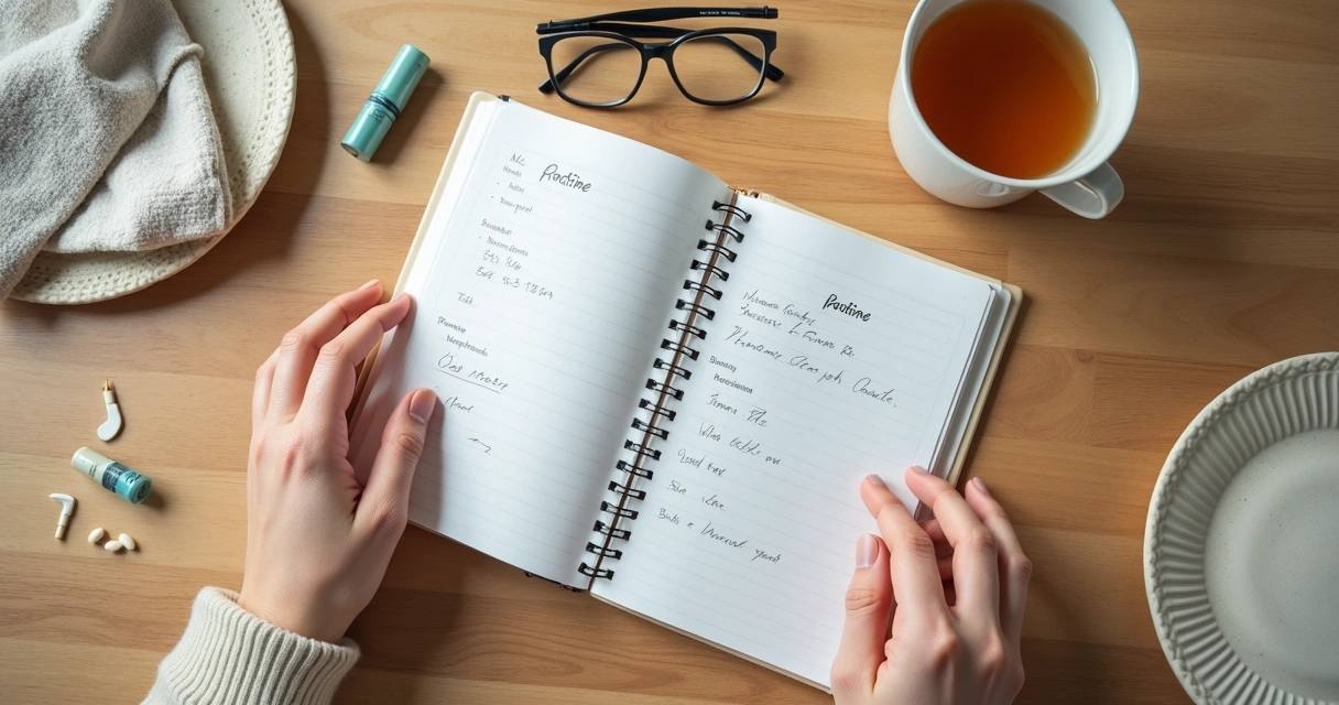 Caderno com rotina de cuidado, chá e mãos em pausa de atenção 