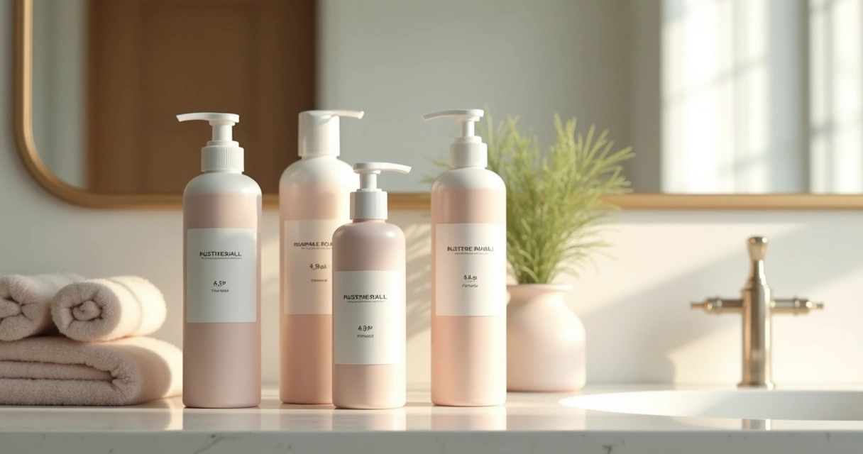 Produtos para cabelo na bancada de banheiro, com rótulos mostrando diferentes níveis de pH