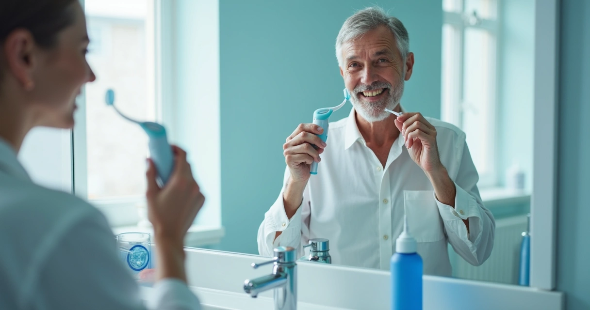 Pessoa realizando rotina de cuidados com implante dentário