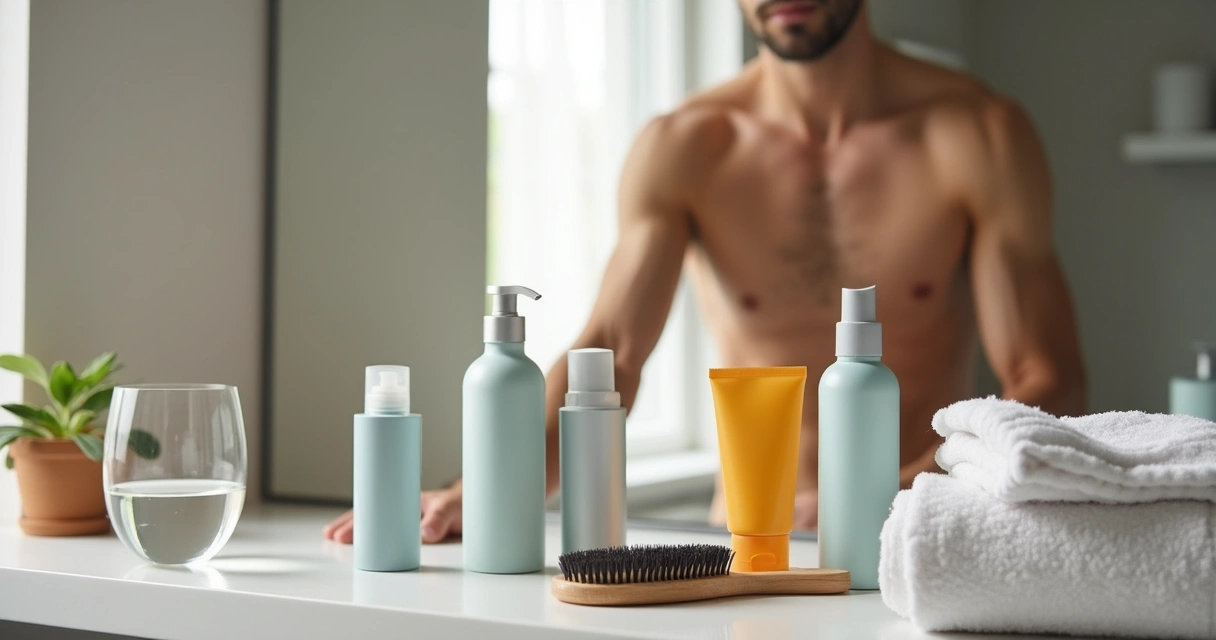 Homem organizando produtos de cuidados pessoais no banheiro 