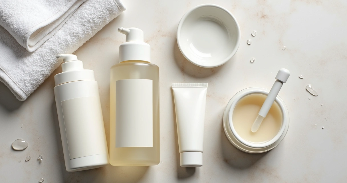 Produtos de cuidados com a pele organizados em rotina simples de hidratação