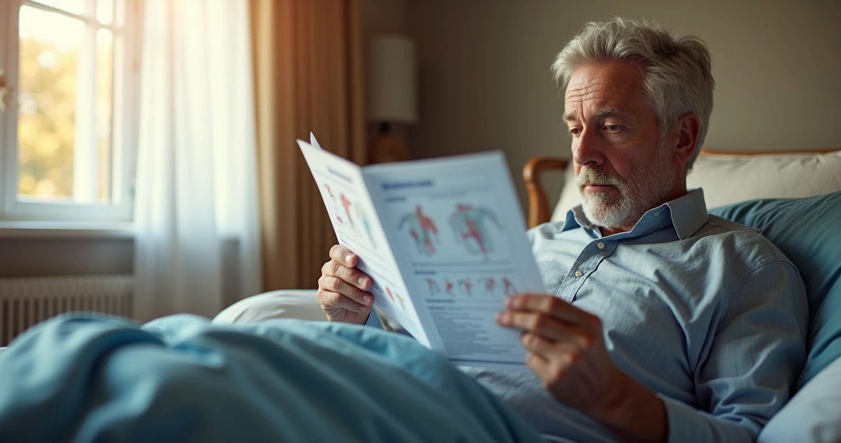 Homem consultando manual de cuidados pós-operatórios em prótese peniana 