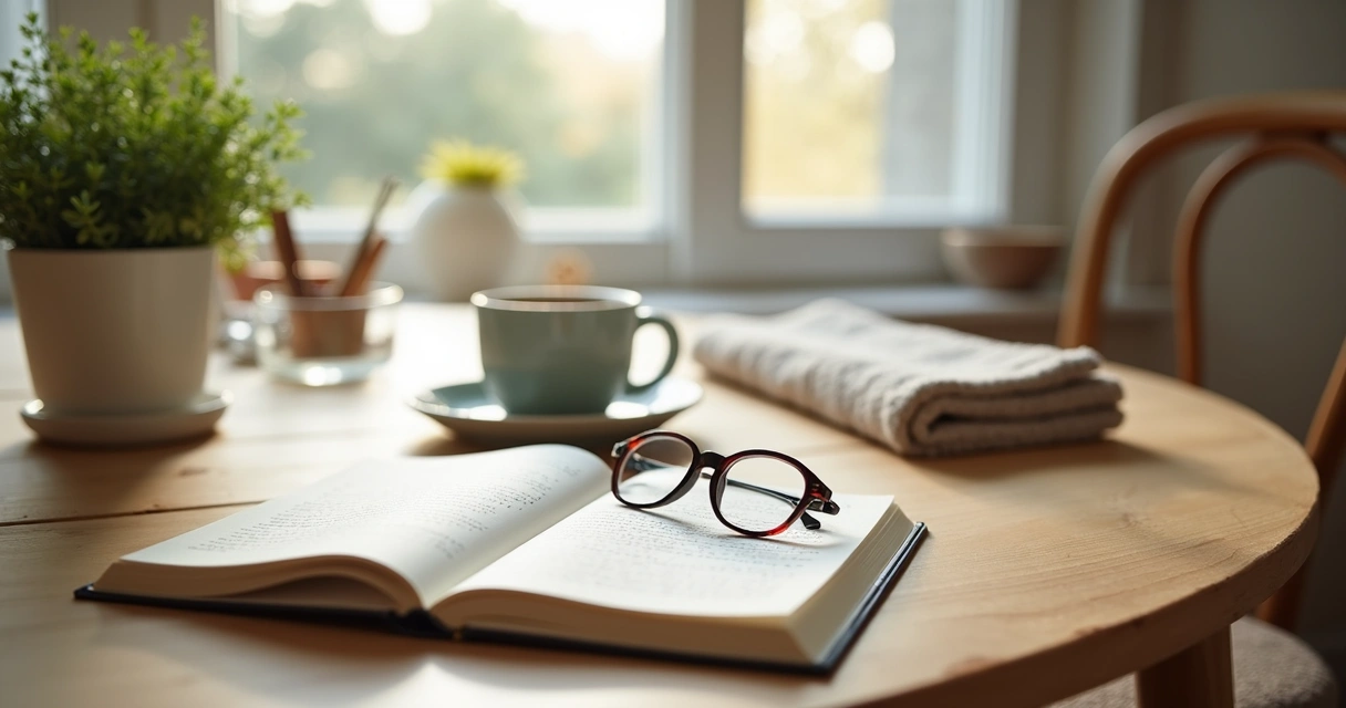Mesa com caderno, chá e luz natural em ambiente calmo