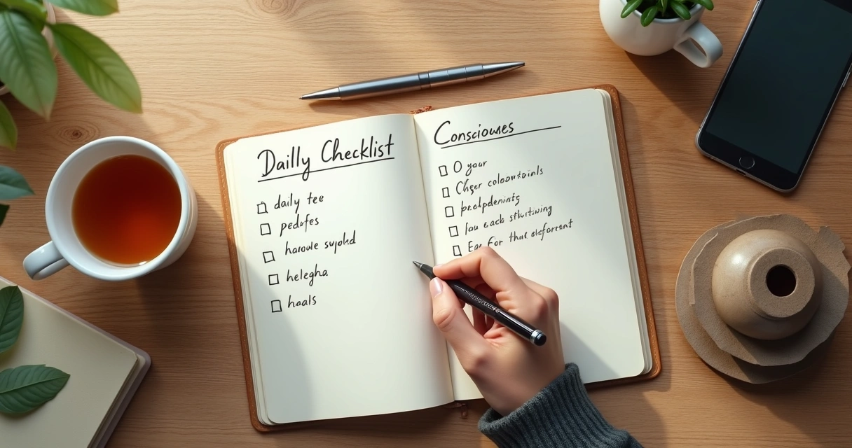 Caderno com lista diária, xícara e mão marcando escolhas conscientes 