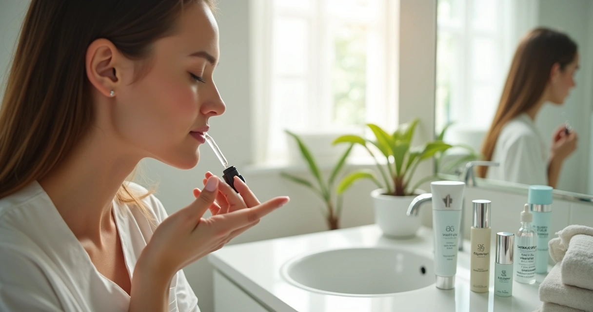 Mulher aplicando dermocosmético no rosto em bancada com produtos de skincare 