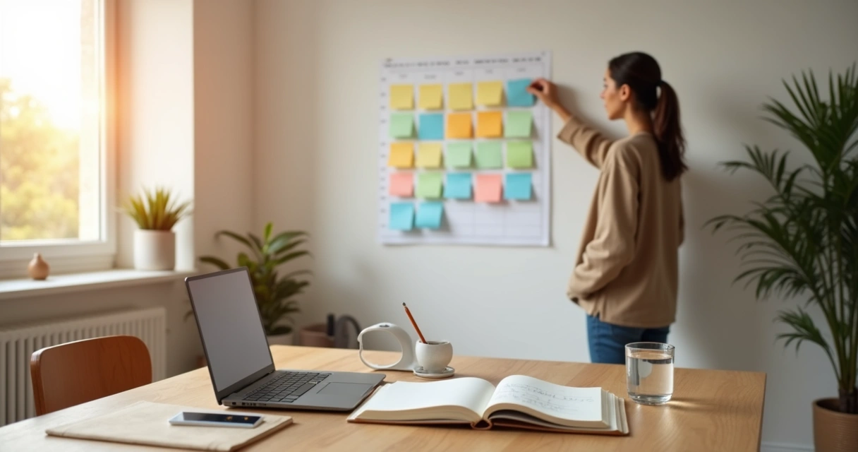 Pessoa ajustando agenda com post-its coloridos em uma parede organizada 