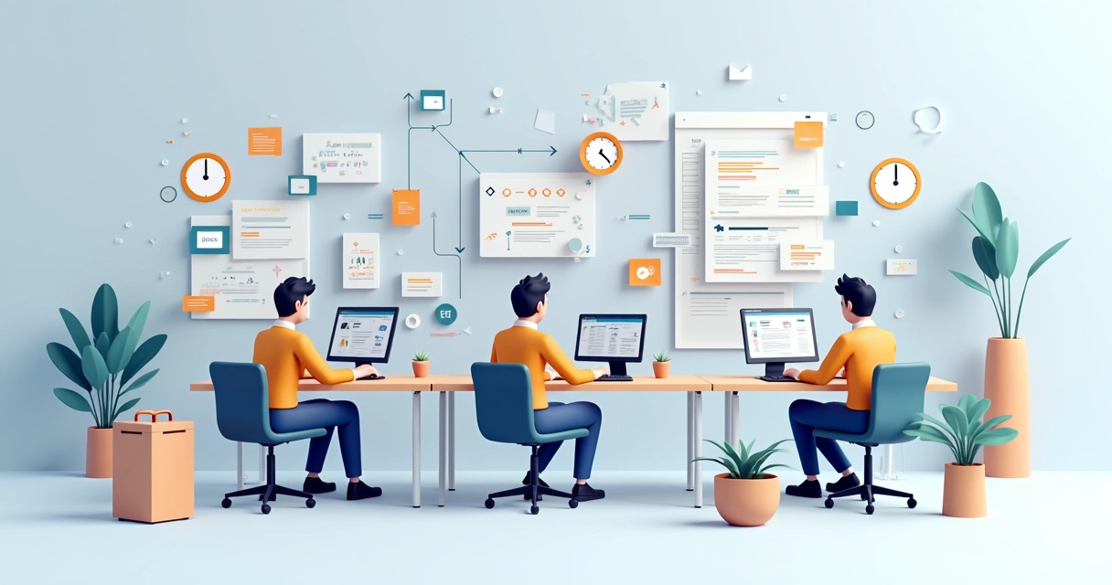 Equipe de trabalho confusa cercada por tarefas desorganizadas 