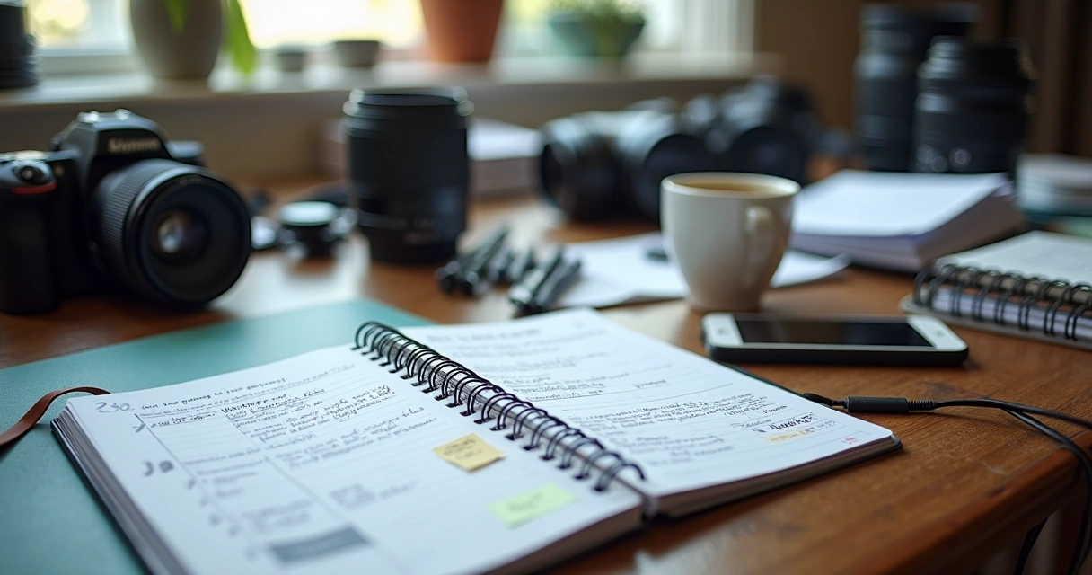 Mesa bagunçada com câmera fotográfica, contratos, agenda aberta e anotações espalhadas 