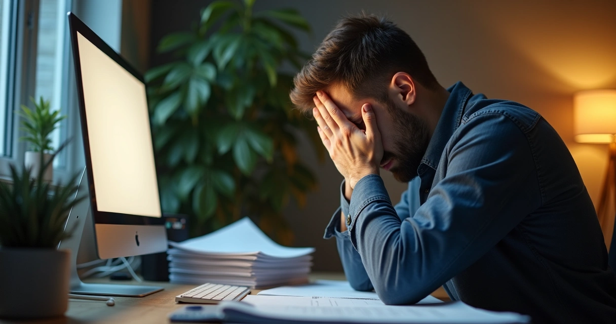 Homem cansado sentado em frente ao computador mostrando estresse