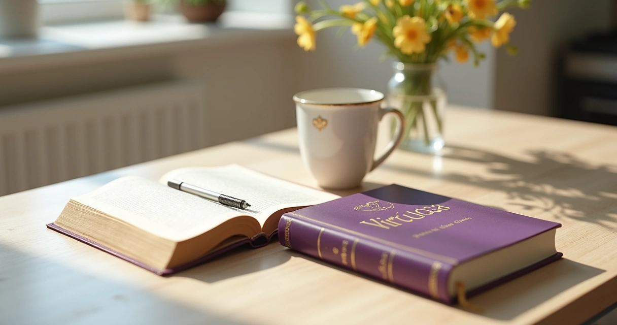 Caderno devocional feminino aberto sobre mesa com caneca e flores claras ao fundo 