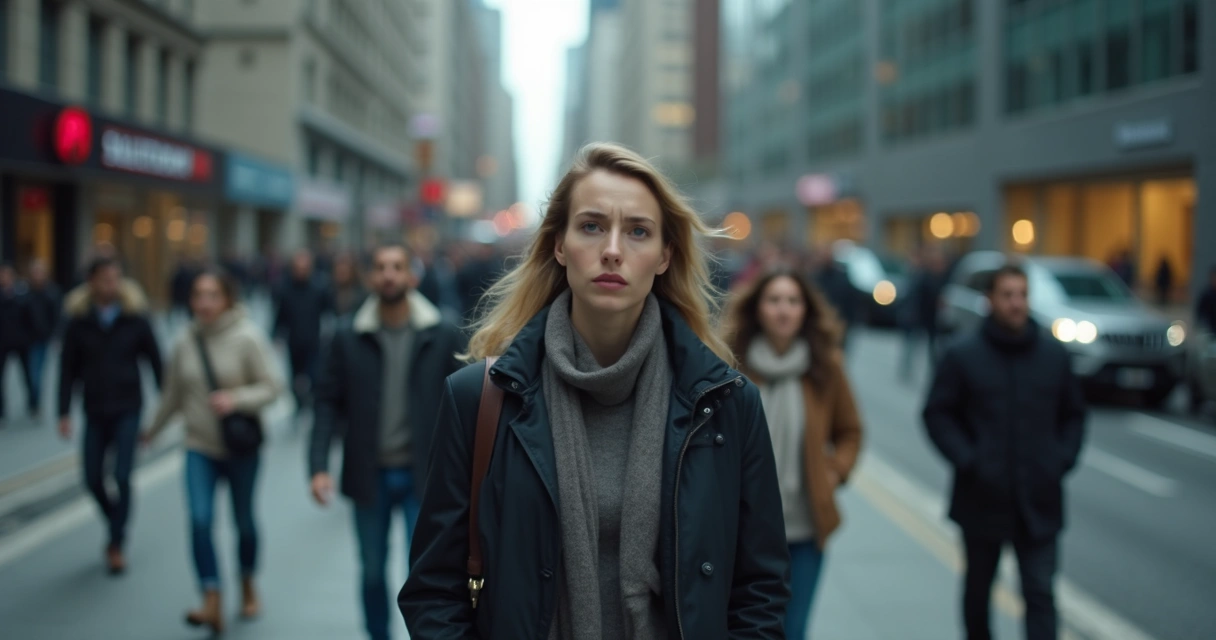 Rotina diária intensa com tons de cinza e pessoas apressadas 