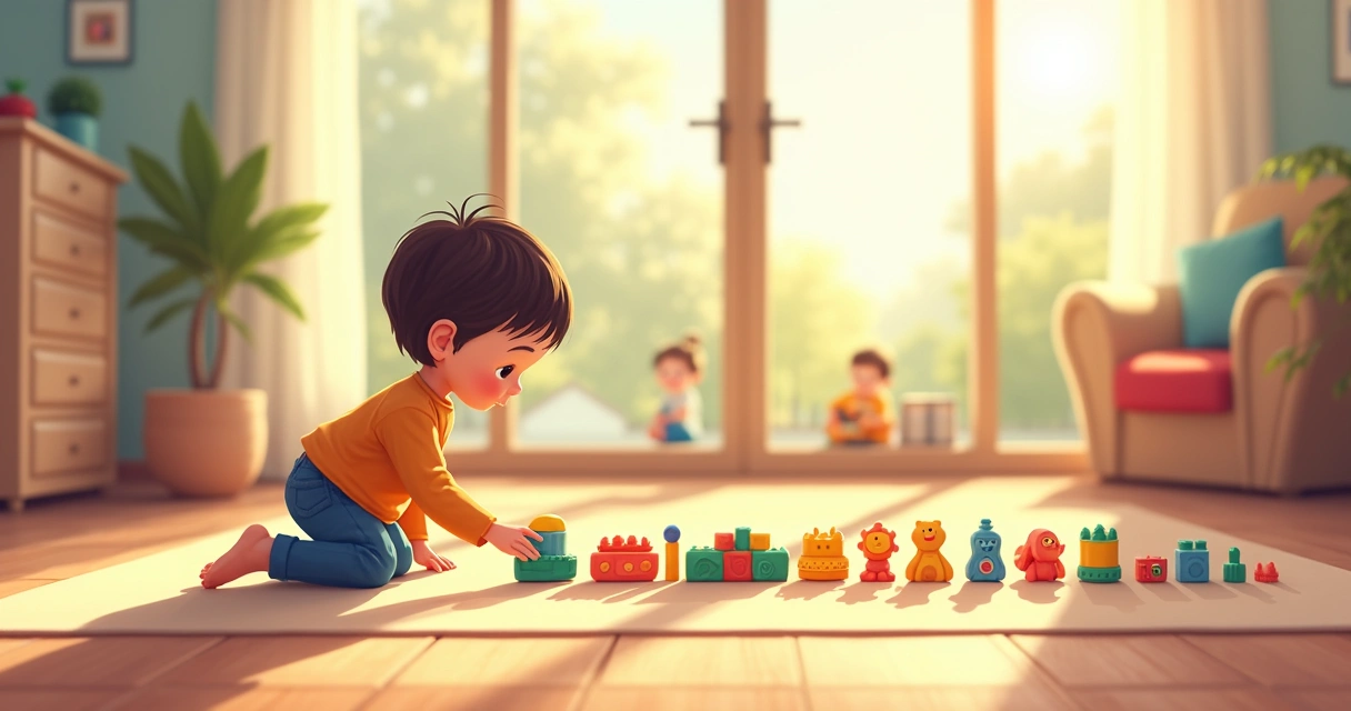 Criança brincando de arrumar brinquedos de forma repetitiva na sala. 