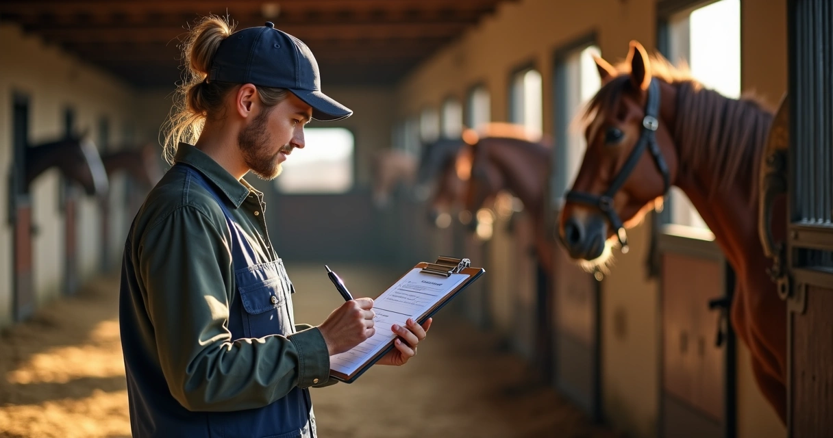 Funcionário organiza rotina diária ao lado de cavalos em baias