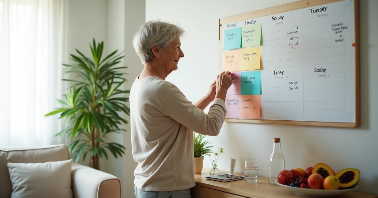 Pessoa com diabetes ajustando rotina saudável com quadro de tarefas colorido na sala de casa 