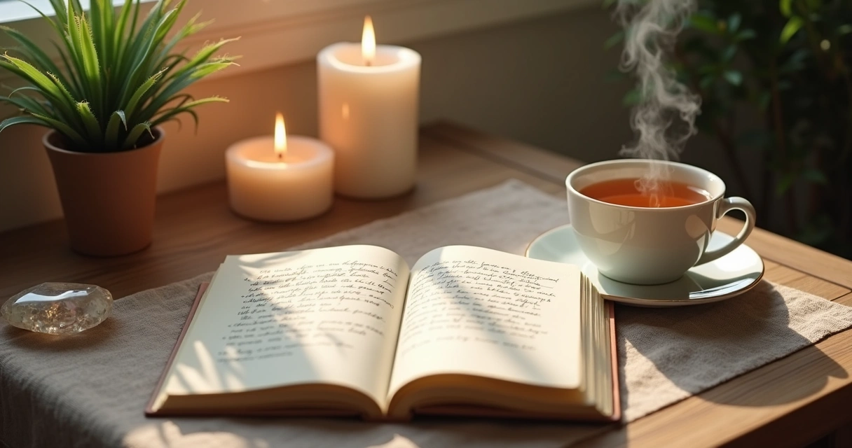 Mesa com agenda, chá e velas, sugerindo rotina de autocuidado 