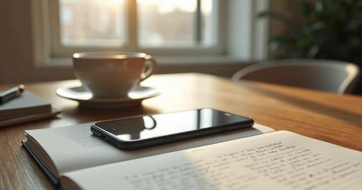 Mesa com celular virado para baixo e caderno aberto 