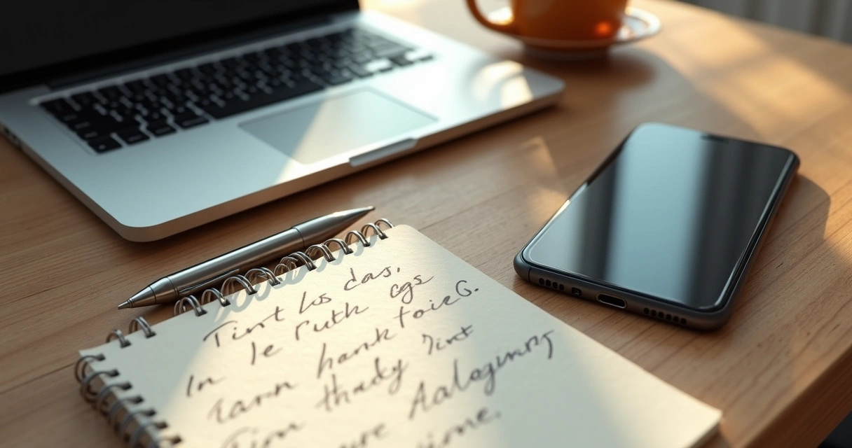 Mesa com notebook fechado, celular e caderno de anotações