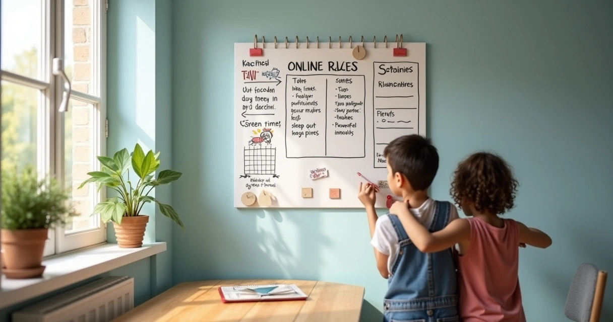 Quadro com regras digitais da família na cozinha