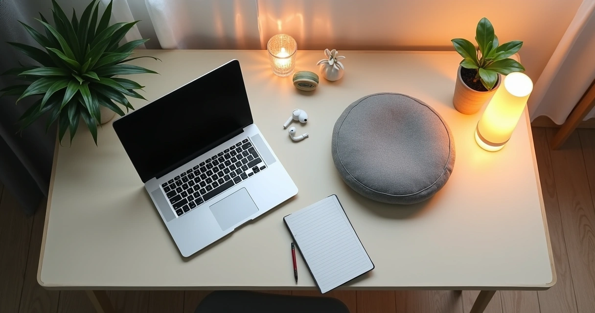 Mesa com tela desligada e espaço de meditação 