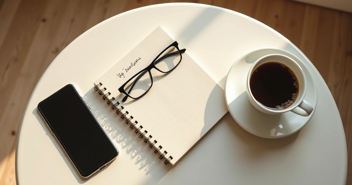 Mesa com celular, xícara de café e caderno durante pausa digital 