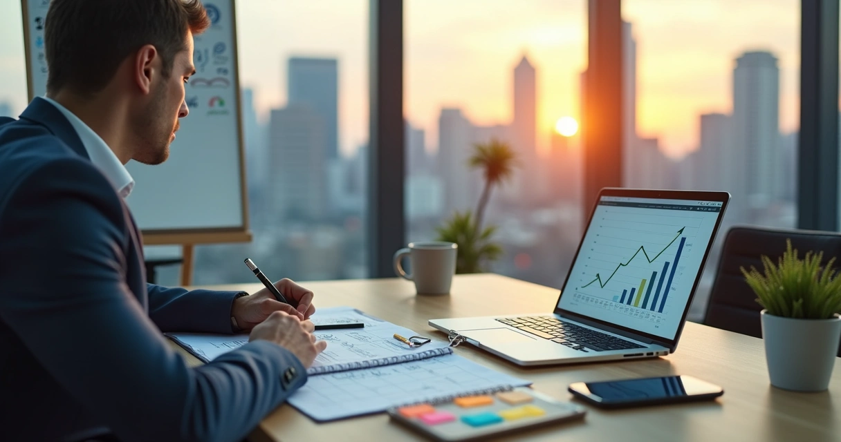 Profissional de vendas em escritório moderno organizando tarefas com foco e disciplina 