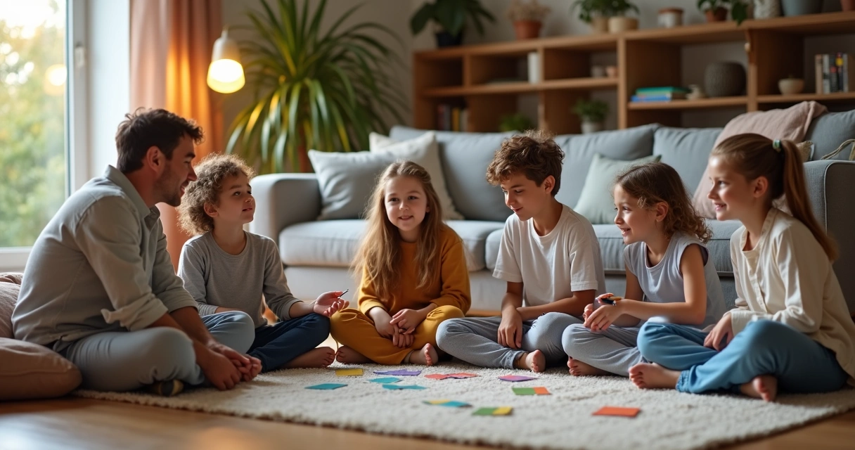Adult guiding children and teens in a calm emotional routine at home 