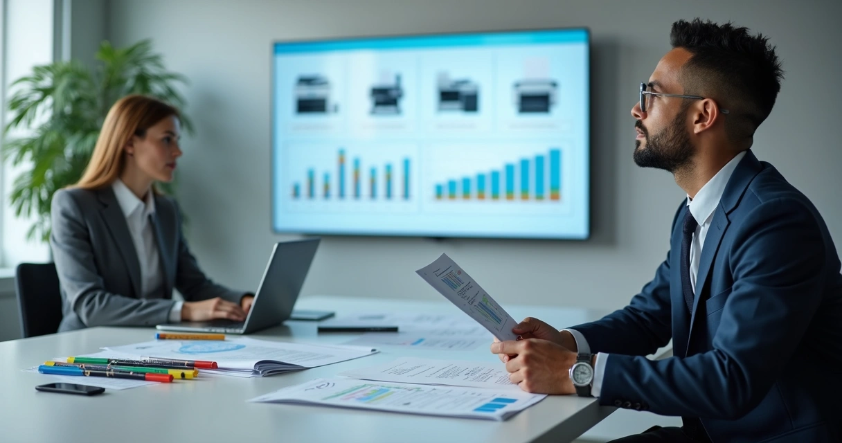 Gestor analisando gráficos de impressoras em sala de reunião 