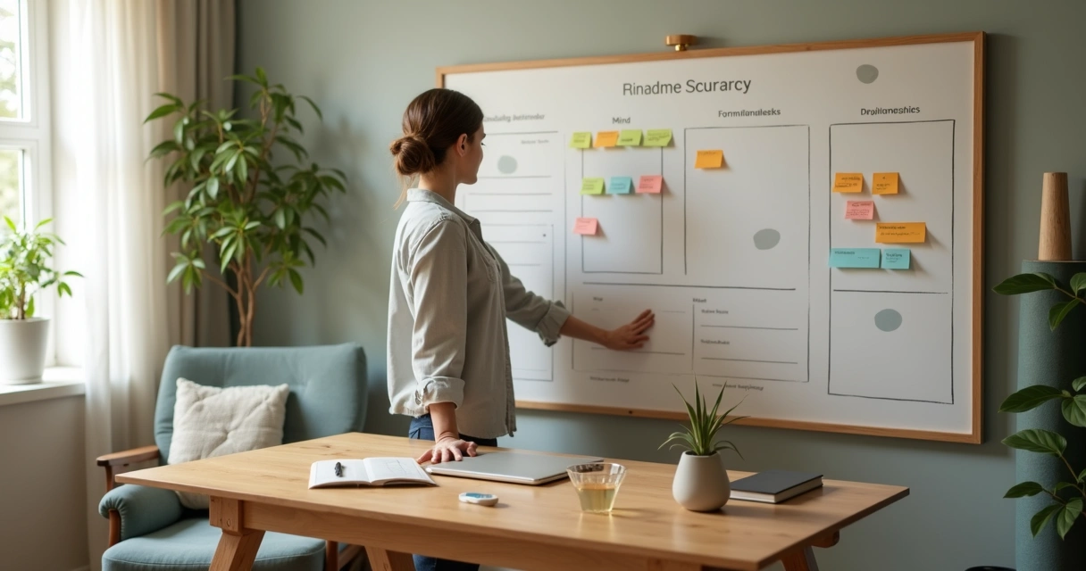 Profissional organiza rotina equilibrada com painel visual colorido diante da mesa de trabalho 