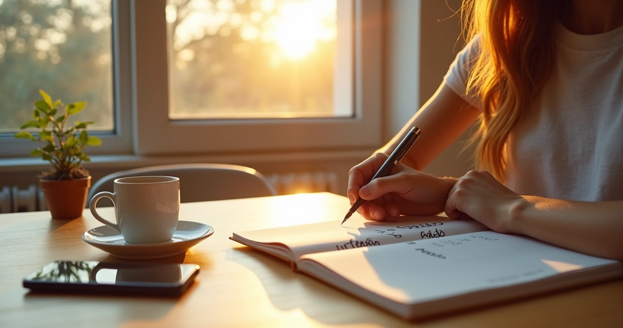 Pessoa sentada com caderno organizando intenção emoção e ação na rotina diária 