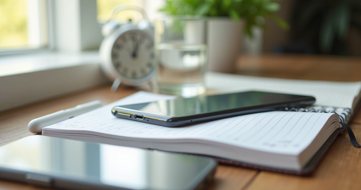Mesa com celular virado para baixo e caderno aberto
