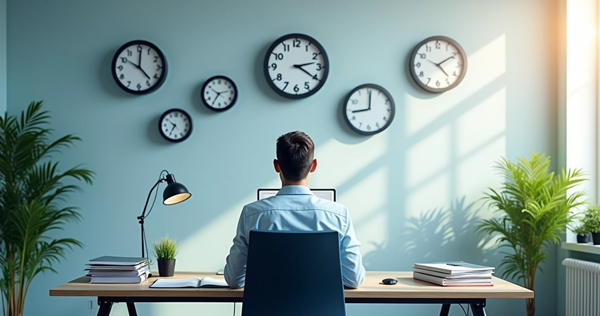 Person calmly managing tasks with balanced clocks and organized workspace